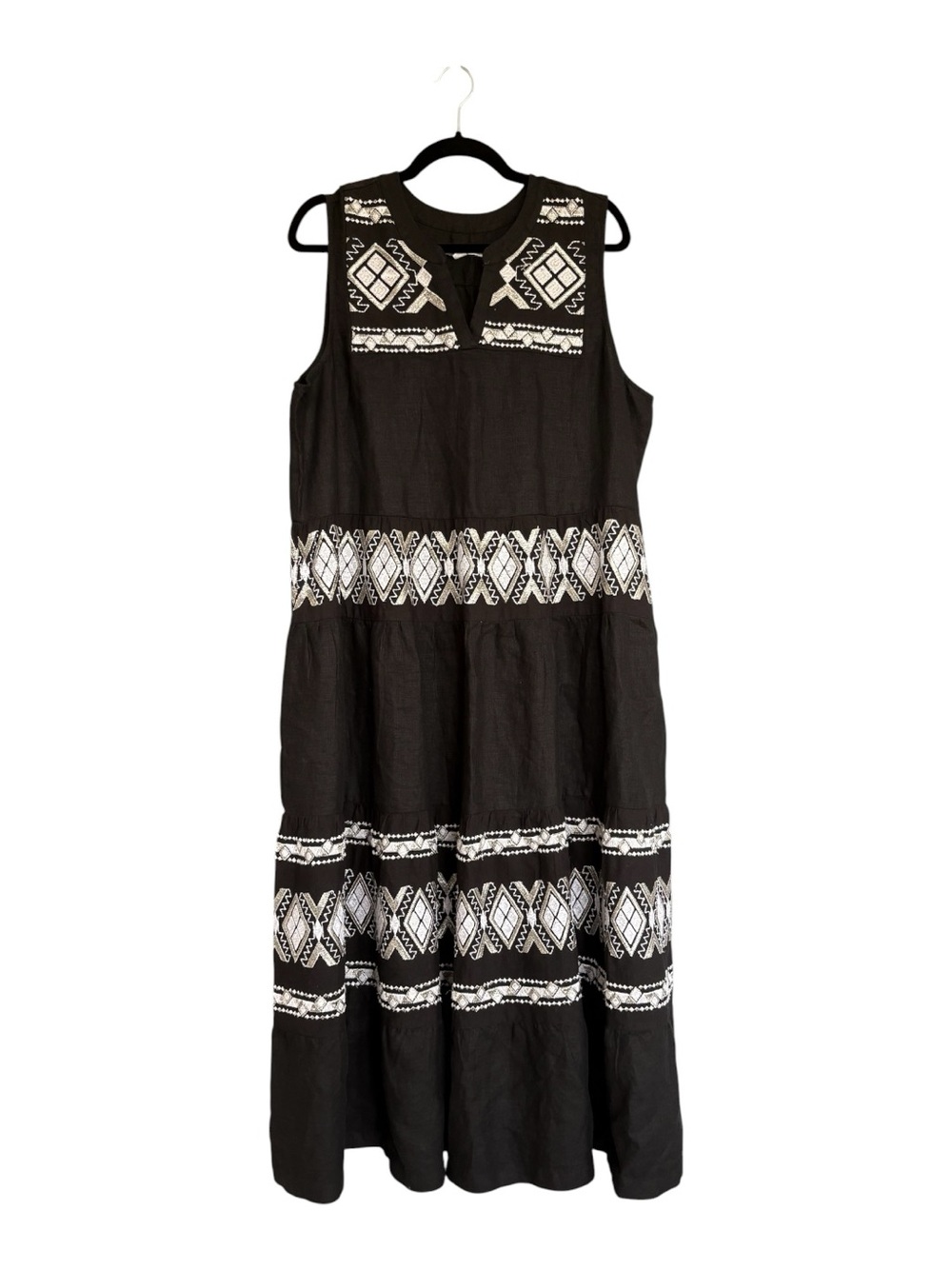 Chico's Size 3 (US 16) Black Linen Embroidered Sleeveless Maxi Dress Boho - Picture 3 of 8